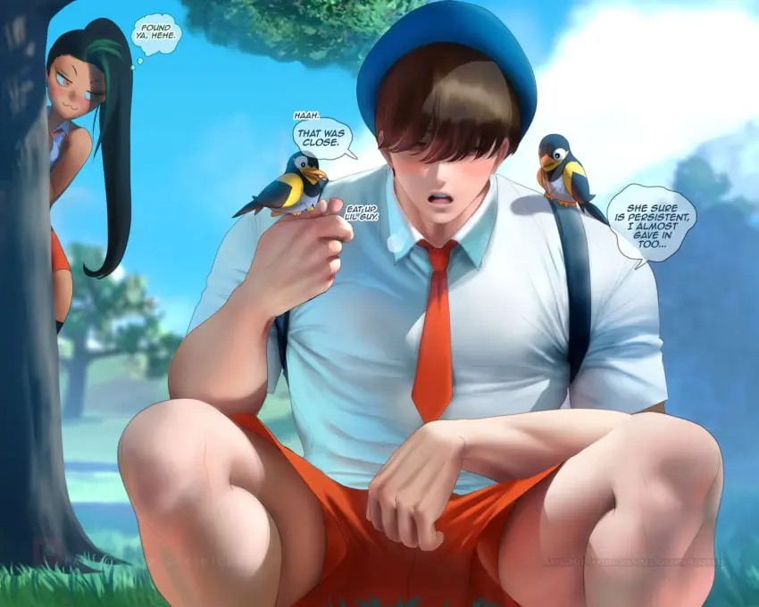 Image 1girls,blush,female,human,1boy,bangs,male,pokemon,pokemon_(species),muscular,muscular_male,light-skinned_male,text,aged_up,dark-skinned_female,nintendo,pokemon_sv,english_text,male_focus,necktie,speech_bubble,pokémon_(species),tie,spying,nemona_(pokemon),bangs_over_eyes,florian_(pokemon),sakimichan,wattrel