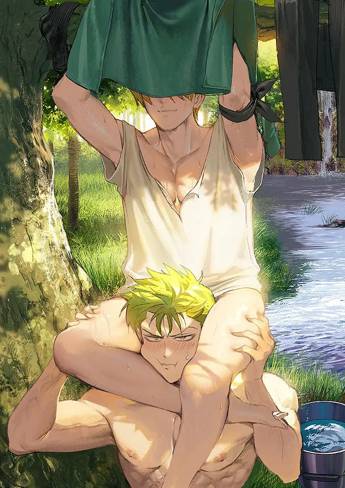 Image blush, shiny_skin, smile, male, sweat, one_piece, muscular, muscular_male, 2boys, male_only, yaoi, gay, sweatdrop, topless, outdoors, green_hair, sitting_on_person, detailed_background, thigh_grab, topless_male, thigh_squish, vinsmoke_sanji, head_between_thighs, roronoa_zoro, pre-timeskip, wearing_others_clothes, sitting_on_shoulders, laundry, nori31291404