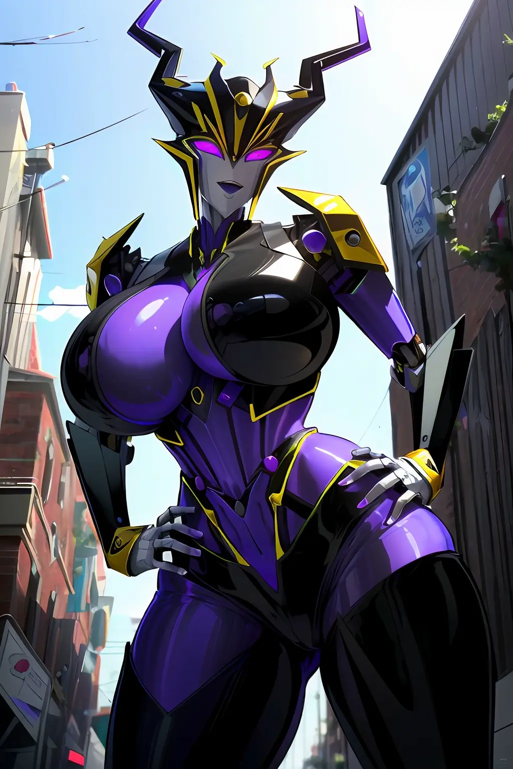 Image big_breasts,breasts,female,thick_thighs,ai_generated,purple_body,robot_girl,transformers,cybertronian,transformers_prime,roger1011,airachnid