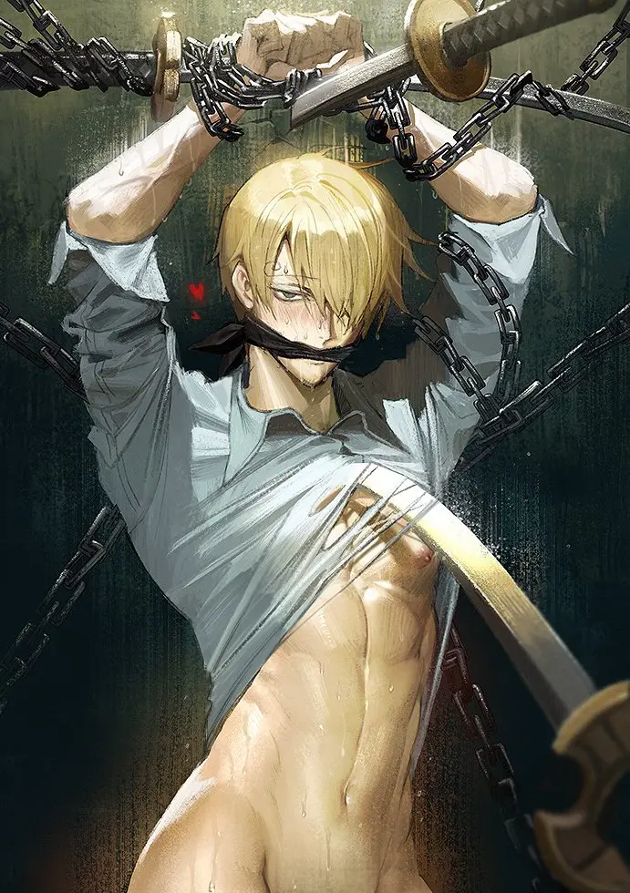 Image blush,looking_at_viewer,male,sweat,hair_over_one_eye,one_piece,male_only,yaoi,arms_up,solo_focus,blonde_hair,gay,pov,restrained,sleeves_rolled_up,bottomless,torn_clothes,chains,chained,toned,gay_male,bound,bound_wrists,gag,gagged,sword,hearts,malesub,vinsmoke_sanji,bishonen,toned_male,prisoner,pre-timeskip,nori31291404