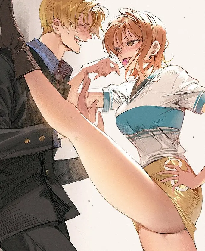 Image 1girls,blush,female,smile,1boy,male,short_hair,one_piece,nami_(one_piece),orange_hair,blonde_hair,sweatdrop,hand_on_hip,miniskirt,skirt,leg_up,fully_clothed,femdom,nervous,malesub,bare_legs,vinsmoke_sanji,suit,against_wall,business_suit,lollipop,pre-timeskip,nori31291404,leg_kabedon