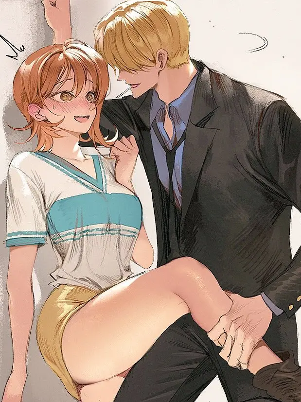 Image 1girls,blush,female,smile,1boy,male,short_hair,thick_thighs,thighs,one_piece,nami_(one_piece),orange_hair,blonde_hair,flustered,leg_grab,miniskirt,skirt,looking_at_another,femsub,fully_clothed,nervous,maledom,vinsmoke_sanji,suit,against_wall,domination_loss,business_suit,lollipop,pre-timeskip,nori31291404
