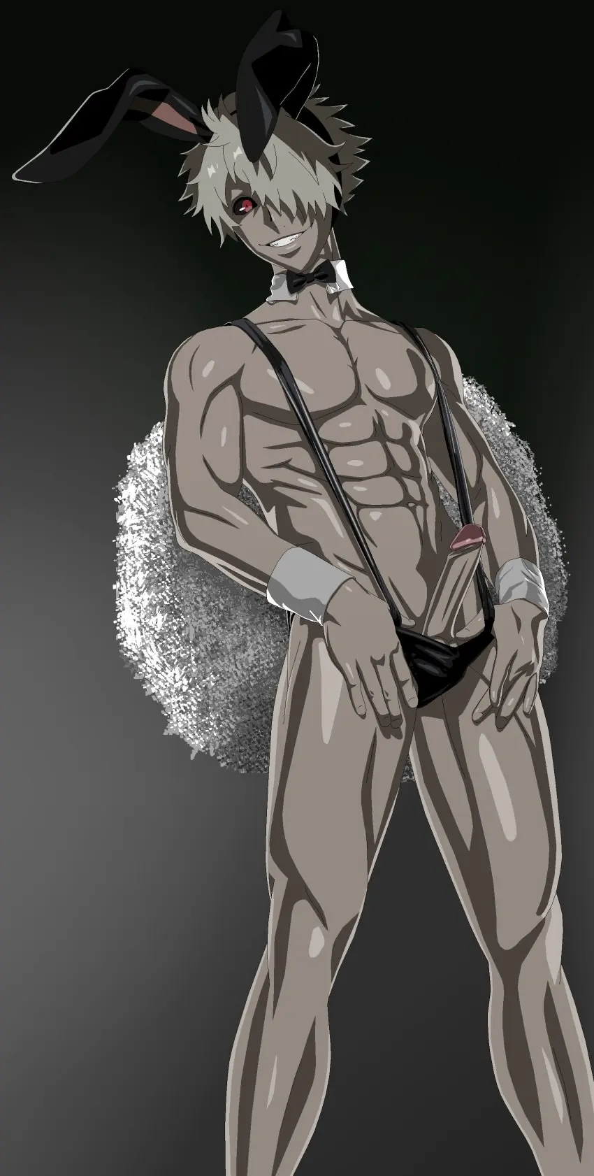 Image highres,looking_at_viewer,red_eyes,smile,standing,white_hair,1boy,absurdres,male,penis,muscular,muscular_male,rabbit_ears,male_focus,abs,costume,muscular_arms,muscular_legs,rabbit_tail,juuni_taisen,sexyanimes,usagi_(juuni_taisen)
