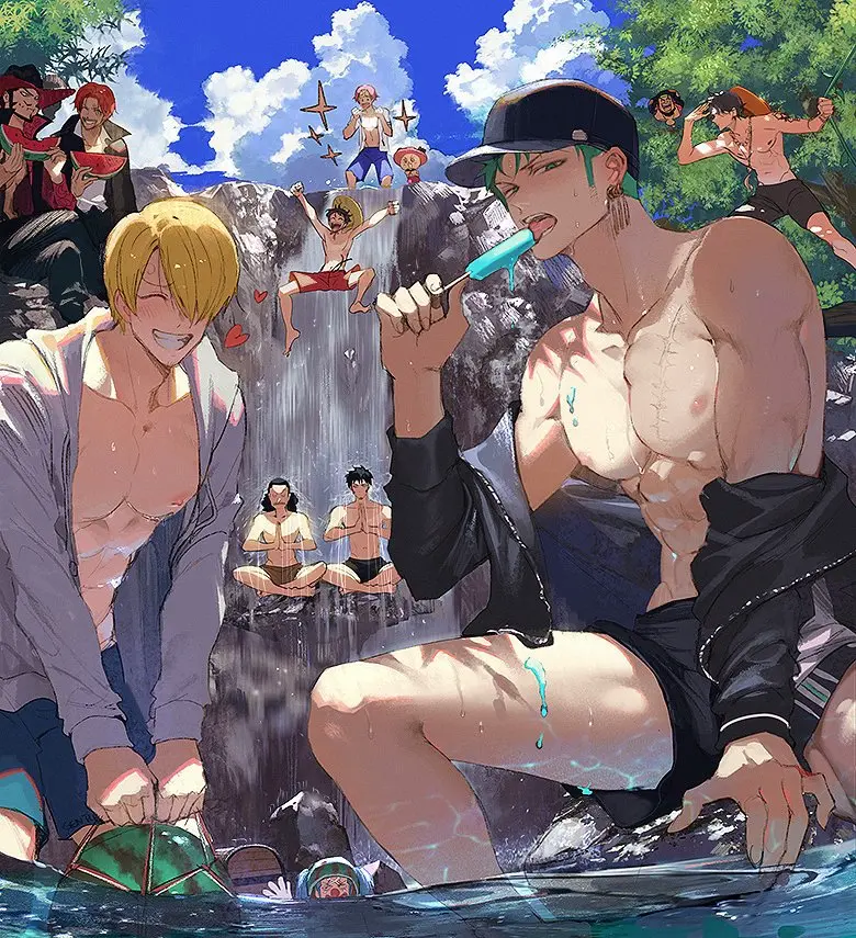 Image looking_at_viewer,male,hair_over_one_eye,male_only,grin,blonde_hair,hoodie,duo_focus,detailed_background,monkey_d_luffy,bishonen,marshall_d_teach,rn,dracule_mihawk,11boys,buggy_the_clown,koby_(one_piece)