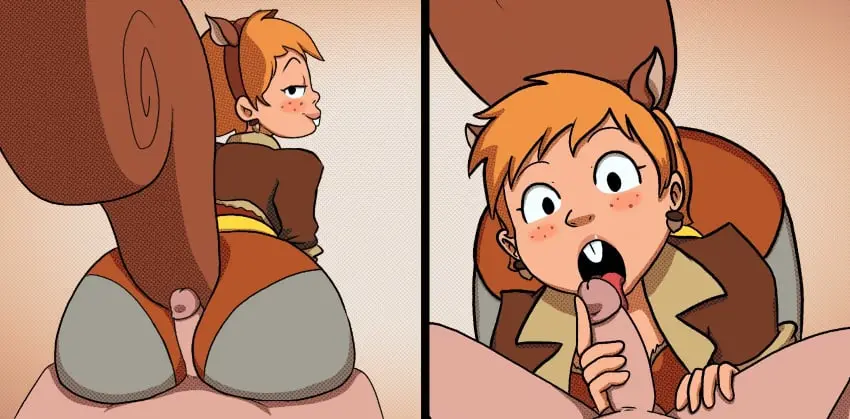 Image 1girls, female, 1boy, male, oral, buttjob, orange_hair, ginger, oral_sex, ginger_hair, buckteeth, marvel, marvel_comics, squirrel, squirrel_ears, squirrel_girl, buttjob_over_clothes, squirrel_tail, buck_teeth, doreen_green, impstripe, squirrel_girl_(marvel)