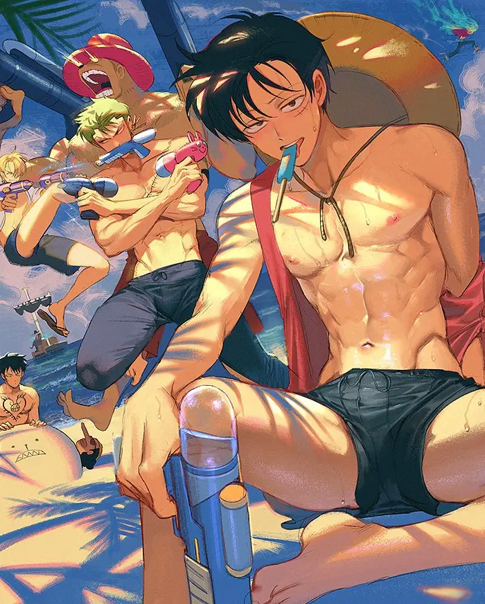 Image looking_at_viewer,black_hair,male,sweat,one_piece,beach,male_only,yaoi,solo_focus,sitting,gay,topless,outdoors,multiple_boys,off_shoulder,shorts,swimwear,toned,gay_male,topless_male,swimming_trunks,vest,monkey_d_luffy,usopp,vinsmoke_sanji,short_shorts,toned_male,straw_hat,popsicle,roronoa_zoro,tony_tony_chopper,pre-timeskip,water_gun,trafalgar_law,dracule_mihawk,marco_(one_piece),nori31291404