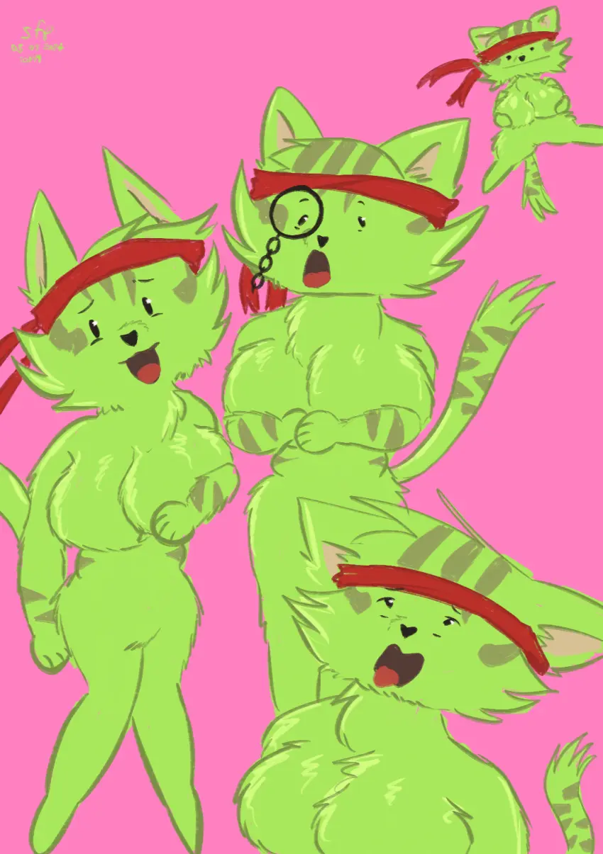 Image big_breasts,breasts,male,furry,cat_ears,cat_tail,green_body,furry_only,pink_background,striped_fur,furry_breasts,green_fur,monocle,red_bandana,slickflipper,breast_fur,tripplepaw_(oc)