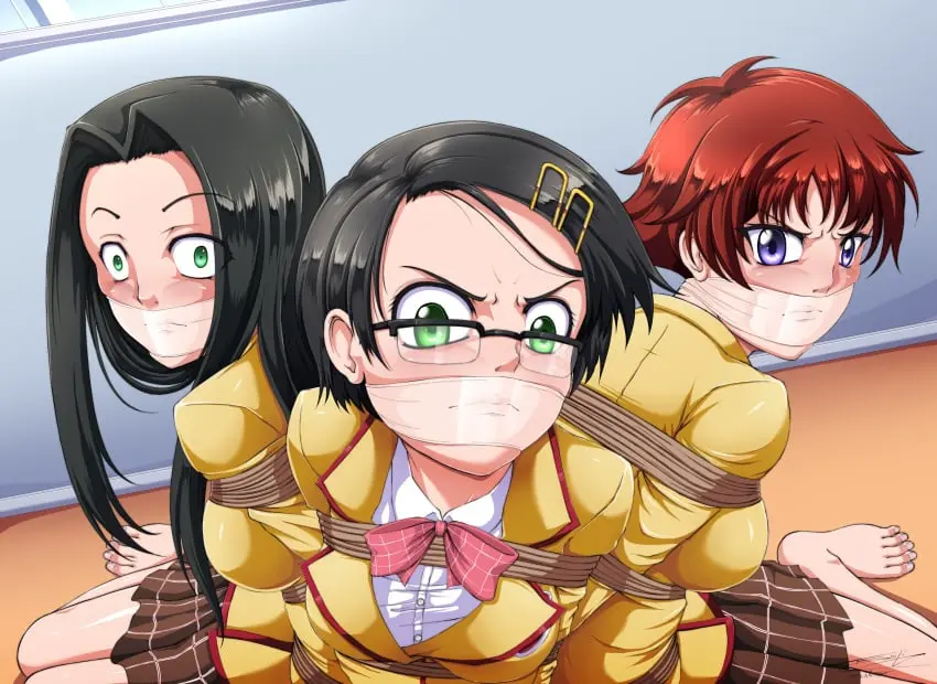 Image looking_at_viewer,black_hair,blue_eyes,red_hair,green_eyes,school_uniform,scared,bondage,angry,gag,gagged,multiple_subs,arms_tied_behind_back,tape_gag,megane,kanokon,asahina_akane,sasamori_yuuki,takana_kiriko,tsinji