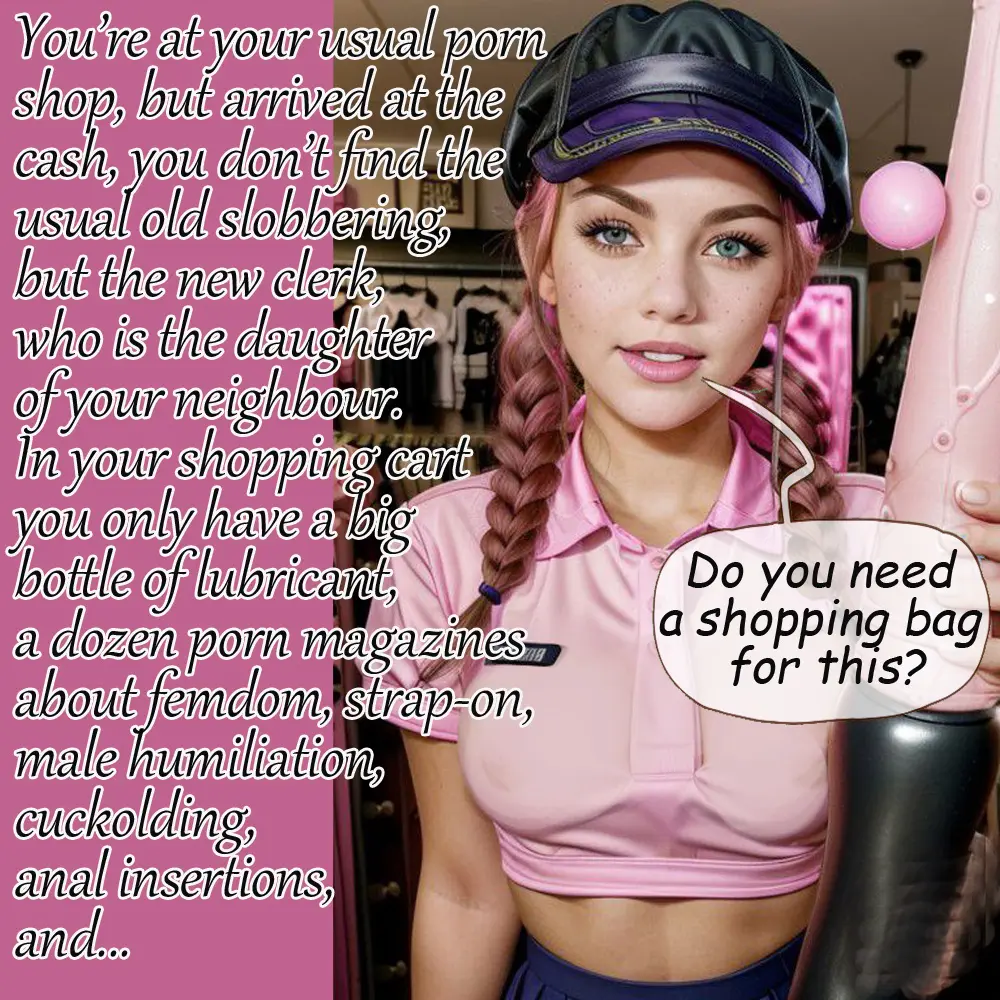 Image blush,looking_at_viewer,blue_eyes,male,smiling_at_viewer,ai_generated,humiliation,submissive_male,english_text,strapon,speech_bubble,talking,talking_to_viewer,big_dildo,anal_insertion,male_penetrated,huge_dildo,caption,braids,shopping_bag,lubricant,magazine,leather_hat,clerk,anipit,captions,pink_uniform,sextoy
