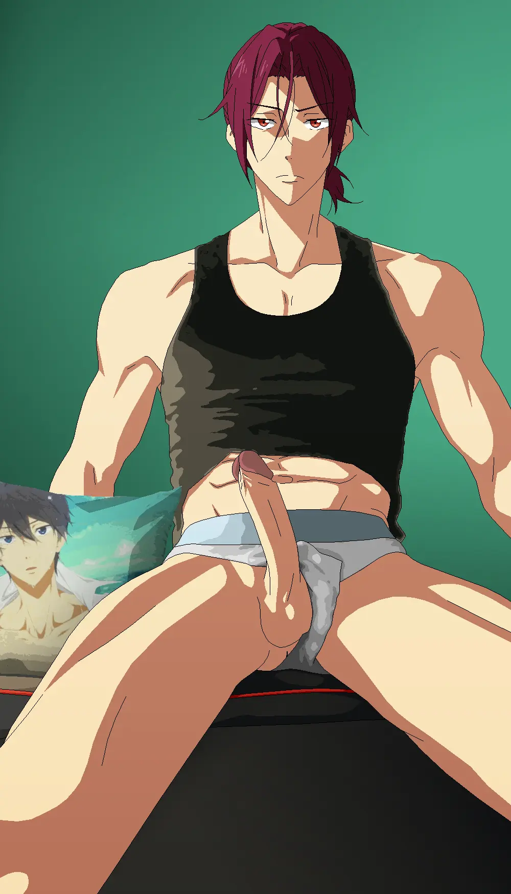 Image highres,looking_at_viewer,red_eyes,shirt,male,penis,red_hair,underwear,erection,muscular,muscular_male,sitting,male_focus,black_shirt,muscular_arms,muscular_legs,free!,sexyanimes,matsuoka_rin