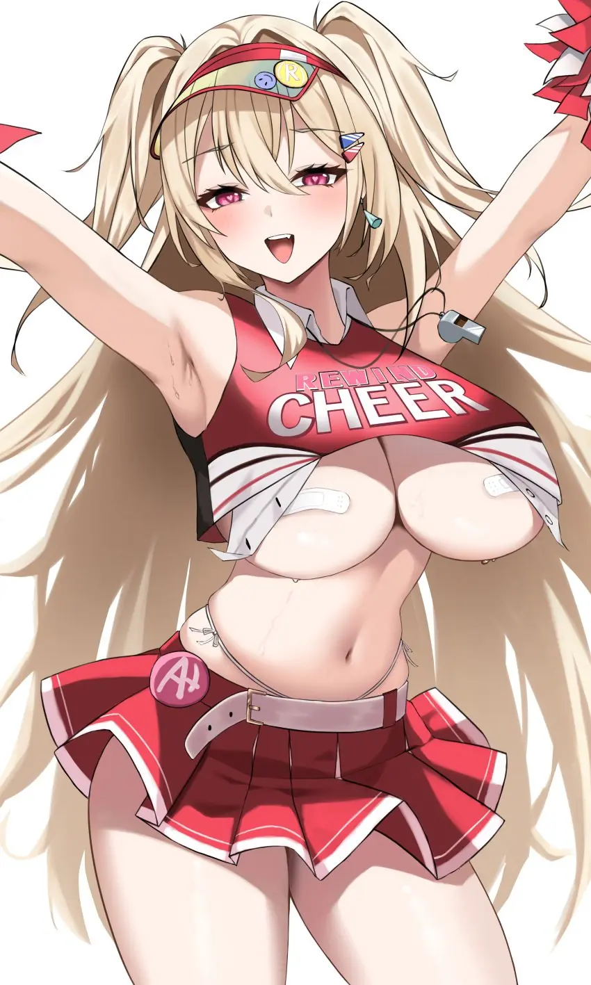 Image 1girls,breasts,female,hi_res,light-skinned_female,light_skin,long_hair,red_eyes,simple_background,smile,thighs,underboob,huge_breasts,blonde_hair,artist_request,goddess_of_victory:_nikke,naughty_face,cheerleader,cheerleader_uniform,clay_(nikke)