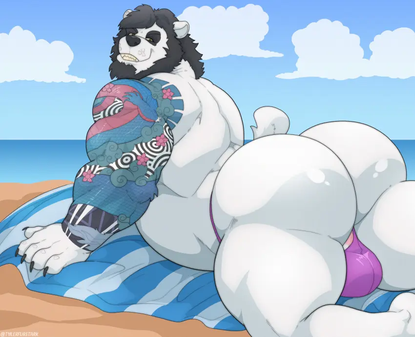 Image clothed, clothing, hi_res, solo, black_hair, male, underwear, ass, big_butt, huge_butt, muscular, muscular_male, beach, male_only, tattoo, hair, anthro, topless, underwear_only, mammal, claws, muscular_anthro, arm_tattoo, thong, outside, bear, thong_only, giant_panda, tylerstark, richard_hasashi