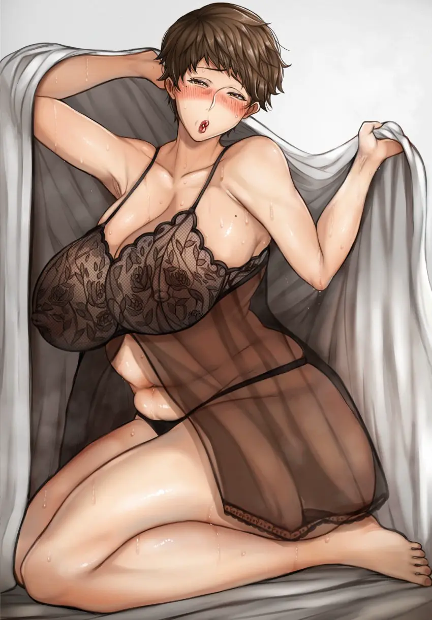 Image blush,breasts,female,looking_at_viewer,nipples,solo,navel,sweat,bed_sheet,panties,voluptuous,milf,armpits,cleavage,lingerie,huge_breasts,voluptuous_female,original,mole,mole_on_breast,mature_female,mole_under_eye,plump,covered_erect_nipples,negligee,toshi21888046