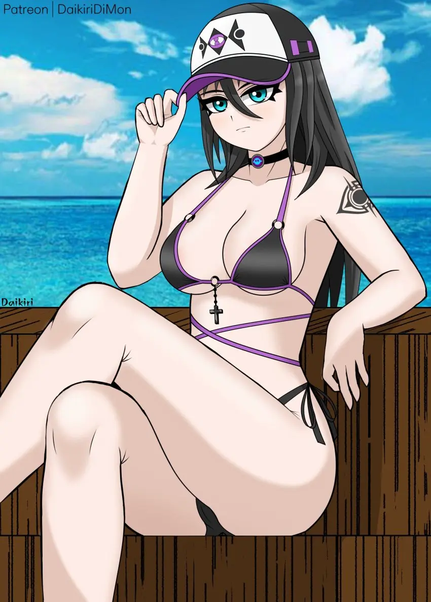 Image 1girls,female,looking_at_viewer,black_hair,blue_eyes,choker,bikini,beach,patreon_username,tattoo,fortnite,sitting,fortnite:_battle_royale,cap,crossed_legs,spirit_hunter_saeko_(fortnite),daikiri_di_mon