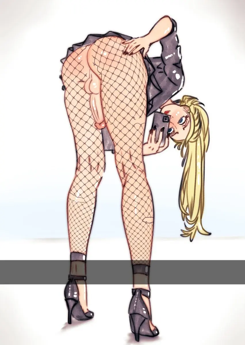 Image blush,long_hair,looking_at_viewer,smile,solo,1boy,blue_eyes,male,penis,ass,thighs,femboy,male_only,solo_focus,balls,blonde_hair,nail_polish,testicles,hand_on_hip,red_lipstick,bent_over,high_heels,selfie,fishnets,oc,flat_chest,phone,flashing,ripped_clothing,flashing_penis,exhibitionism,fishnet_pantyhose,tucked_penis,eli_(simpbot2k),simpbot2k