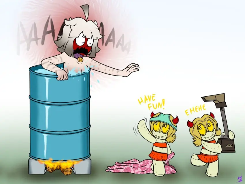 Image breasts,female,nude,embarrassed,tagme,bathing,stolen_clothes,fouggie,oil_drum,yaboifoglet,yuli_(fouggie)