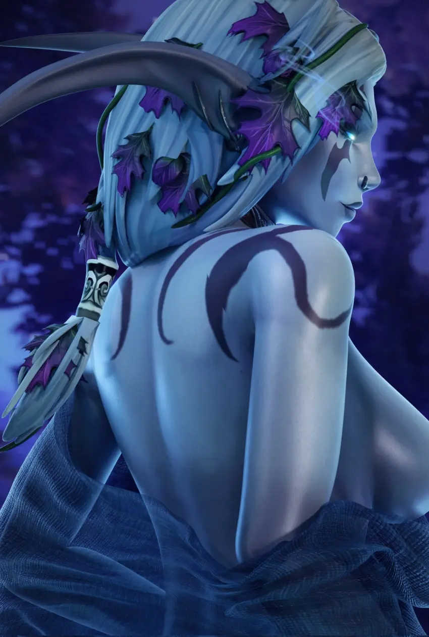Image 1girls,breasts,female,female_only,solo,blue_eyes,tattoo,elf,pale-skinned_female,night_elf,pale_skin,warcraft,world_of_warcraft,wow,nose_piercing,nose_ring,death_knight,death_knight_(warcraft)