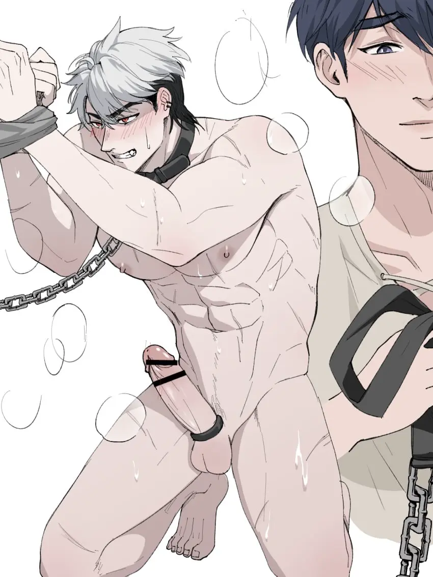Image red_eyes,white_hair,blue_eyes,blue_hair,male,penis,2boys,male_only,yaoi,censored,wolf,bodysuit,solo_male,muscles,plave,eunho_(plave),yejun_(plave)