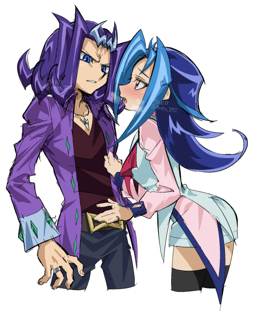 Image 1girls,blush,clothing,female,human,long_hair,red_eyes,white_background,1boy,blue_hair,male,yu-gi-oh!,legwear,horny_female,brother_and_sister,kamishiro_rio,rio_kamishiro,yu-gi-oh!_zexal,dntks,reginald_kastle