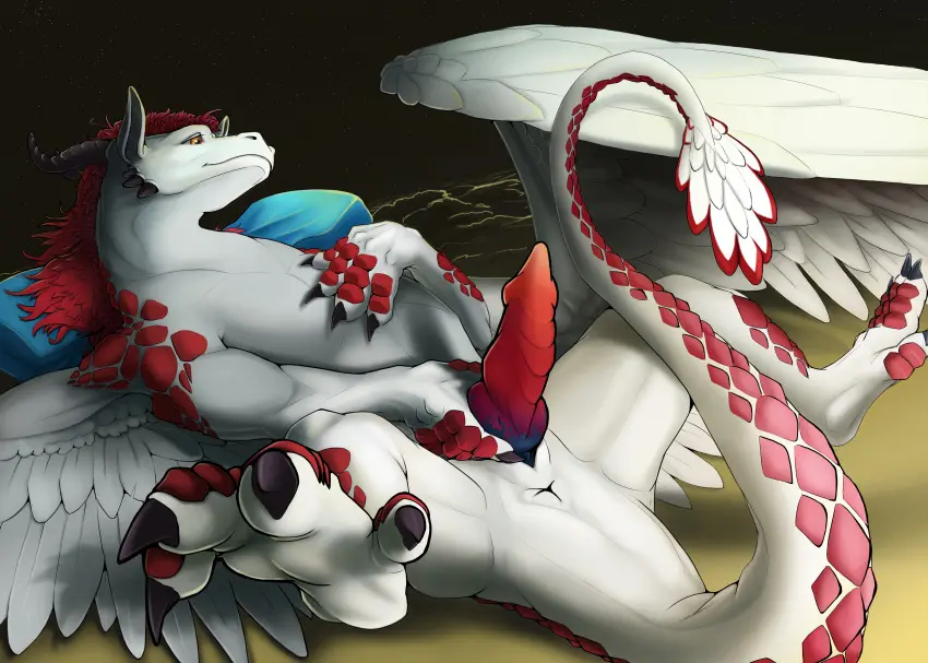 Image hi_res,simple_background,solo,male,penis,tail,lying,on_back,orange_eyes,male_only,feathered_wings,feathers,wings,anus,mythology,absurd_res,presenting,genitals,rear_view,horn,white_body,scales,scalie,white_scales,animal_genitalia,animal_penis,canine_genitalia,canine_penis,mythological_creature,dragon,mythological_scalie,raised_tail,feral,feral_only,black_horn,presenting_penis,tail_feathers,countershading,mane,multicolored_penis,red_mane,bicikliszelep,bicikliszelep_(caracter)