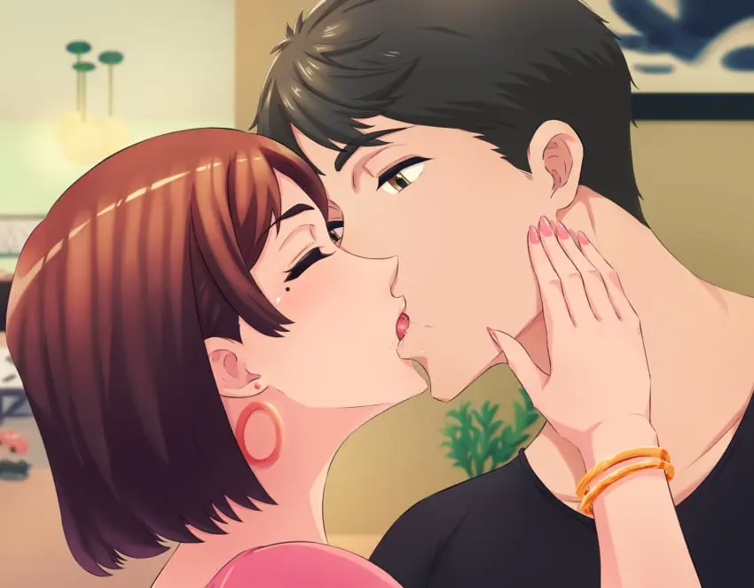 Image female,shirt,1boy,black_hair,male,short_hair,yellow_eyes,earrings,male/female,nail_polish,original,mole,brown_hair,closed_eyes,mature_female,saliva,mole_under_eye,looking_at_another,bracelet,kissing,cheating,pink_nails,french_kiss,black_shirt,pink_shirt,cheating_wife,bangle,renemu