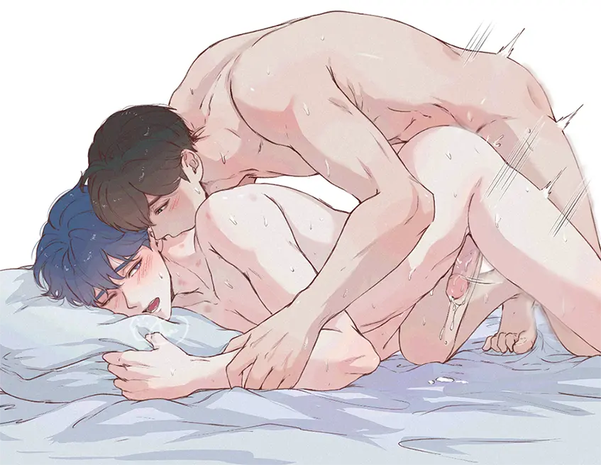 Image black_hair,blue_eyes,blue_hair,cum,male,penis,2boys,gay,black_eyes,hamin_(plave),plave,yejun_(plave)
