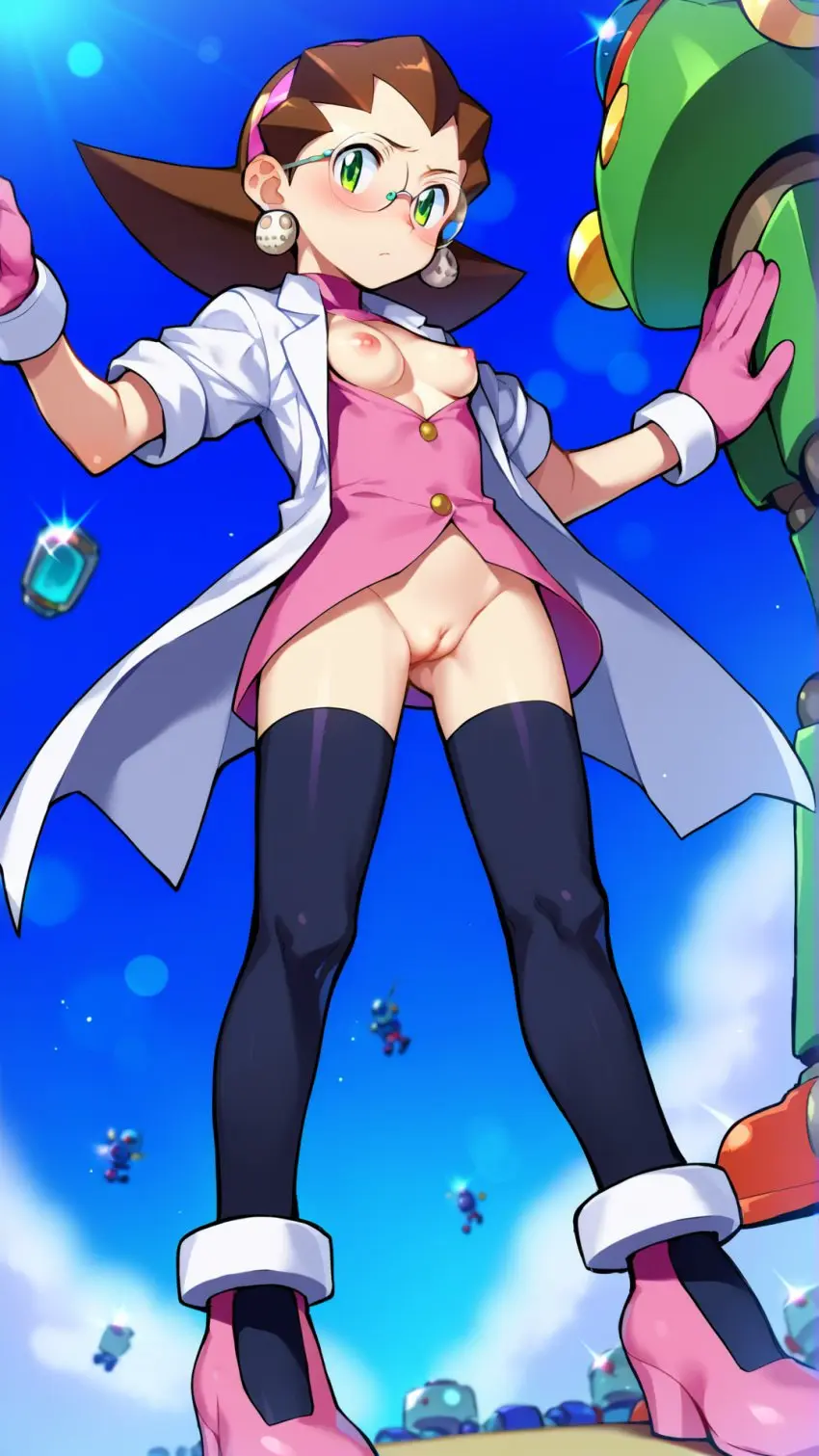 Image blush, female, nipples, open_shirt, gloves, pussy, thighhighs, earrings, ai_generated, glasses, green_eyes, stable_diffusion, brown_hair, public, high_heels, closed_mouth, jacket, bottomless, from_below, lab_coat, butt_from_the_front, public_nudity, perky_breasts, tight_pussy, mega_man_legends, tron_bonne, autismmix_pony(model), marusame