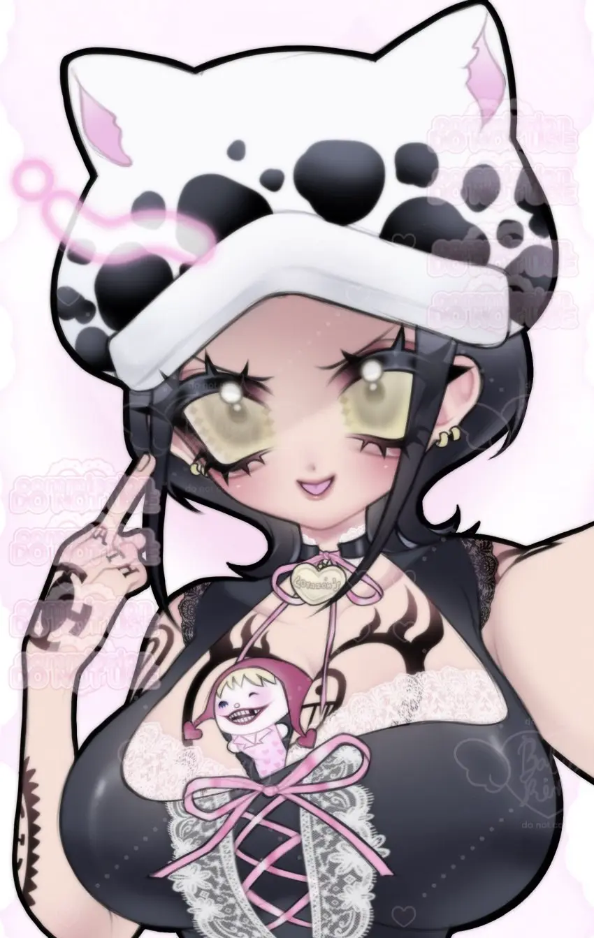 Image big_breasts,breasts,female,female_only,looking_at_viewer,smile,black_hair,short_hair,yellow_eyes,earrings,hat,one_piece,cat_ears,cleavage,tattoo,collar,upper_body,selfie,arm_tattoo,chest_tattoo,hand_tattoo,shoulder_tattoo,middle_finger,object_between_breasts,rule_63,plushie,neck_ribbon,genderswap_(mtf),genderswap,tattoos,flipping_off,lace,canon_genderswap,donquixote_rosinante,trafalgar_law,trafalgar_law_(female),dearslilith