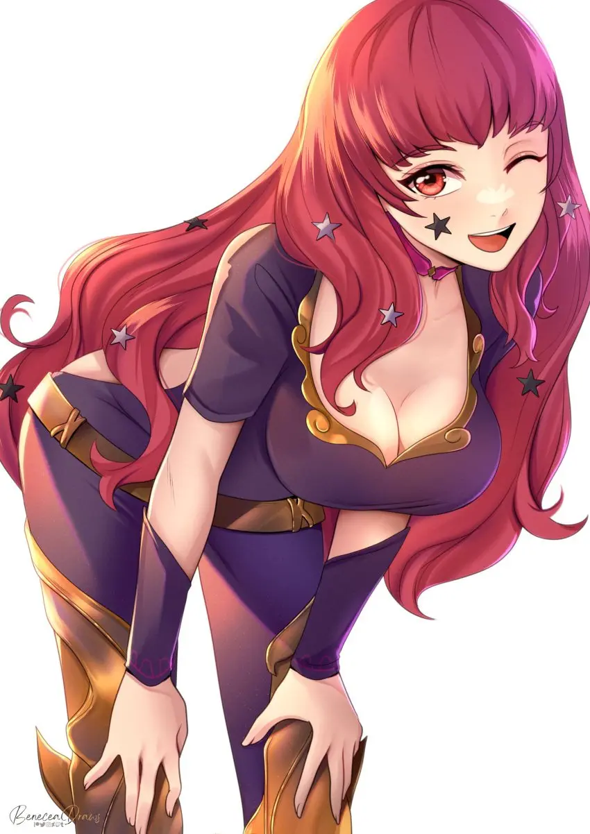 Image 1girls,breasts,female,female_only,hair_ornament,highres,long_hair,open_mouth,red_eyes,smile,solo,white_background,absurdres,red_hair,watermark,cleavage,wavy_hair,medium_breasts,one_eye_closed,nintendo,upper_body,fire_emblem,bodysuit,leaning_forward,facial_mark,star_(symbol),fire_emblem_engage,black_bodysuit,yunaka_(fire_emblem),star_hair_ornament,hands_on_own_knees,star_facial_mark,pixie_(pixieinktvis)