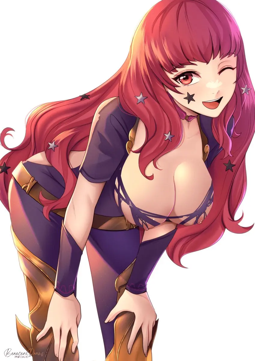 Image 1girls,breasts,female,female_only,hair_ornament,highres,long_hair,nipples,open_mouth,red_eyes,smile,solo,white_background,absurdres,red_hair,watermark,cleavage,wavy_hair,medium_breasts,one_eye_closed,nintendo,upper_body,fire_emblem,bodysuit,leaning_forward,torn_clothes,facial_mark,star_(symbol),fire_emblem_engage,black_bodysuit,yunaka_(fire_emblem),star_hair_ornament,hands_on_own_knees,star_facial_mark,pixie_(pixieinktvis)