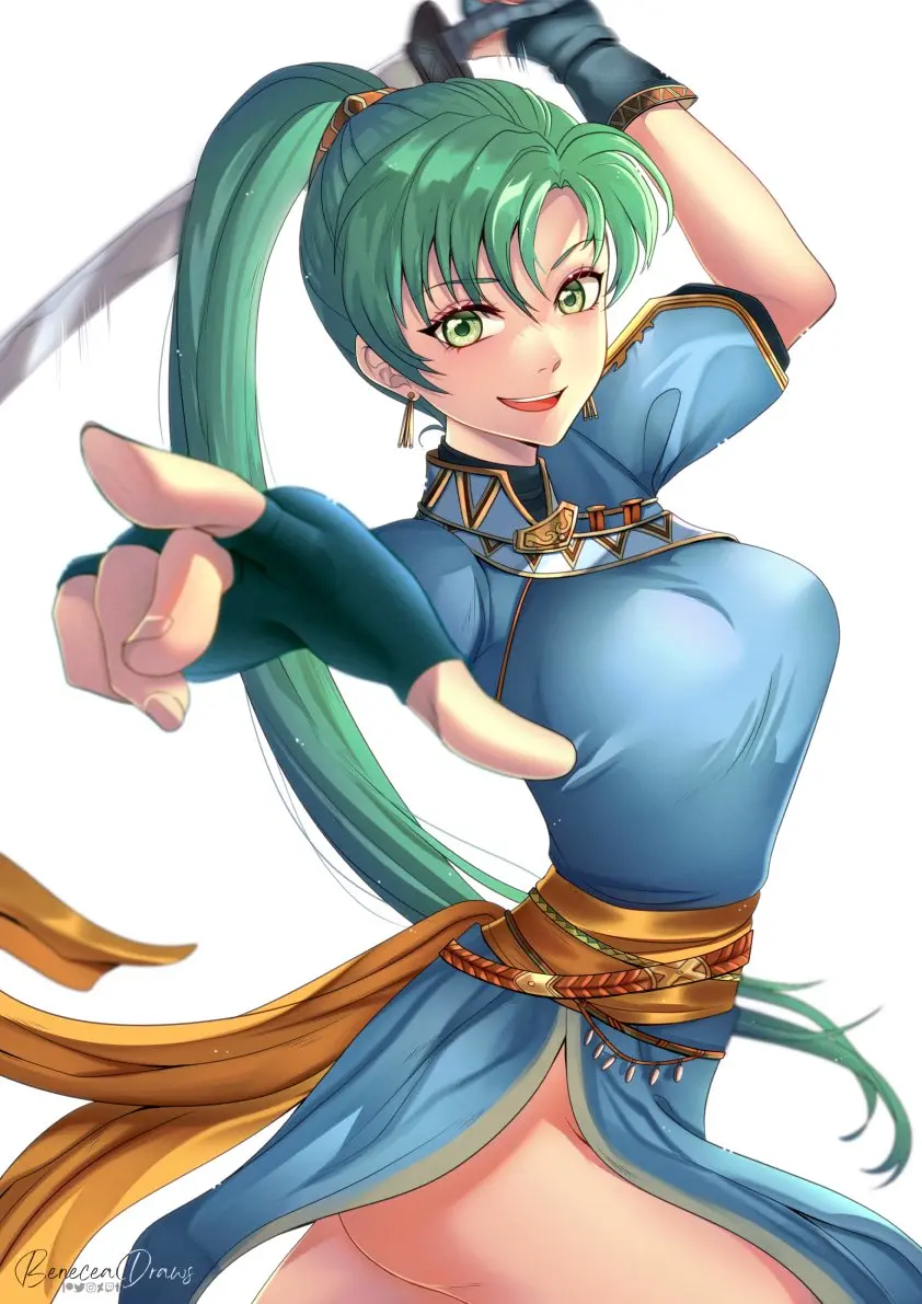Image 1girls,breasts,female,female_only,long_hair,looking_at_viewer,open_mouth,smile,solo,very_long_hair,white_background,gloves,ass,big_ass,earrings,thighs,ponytail,bare_thighs,green_eyes,medium_breasts,nintendo,green_hair,short_sleeves,fire_emblem,fingerless_gloves,weapon,sword,reaching_out,reaching_towards_viewer,pointing,pelvic_curtain,pointing_at_viewer,lyn_(fire_emblem),fire_emblem:_the_blazing_blade,pixie_(pixieinktvis)