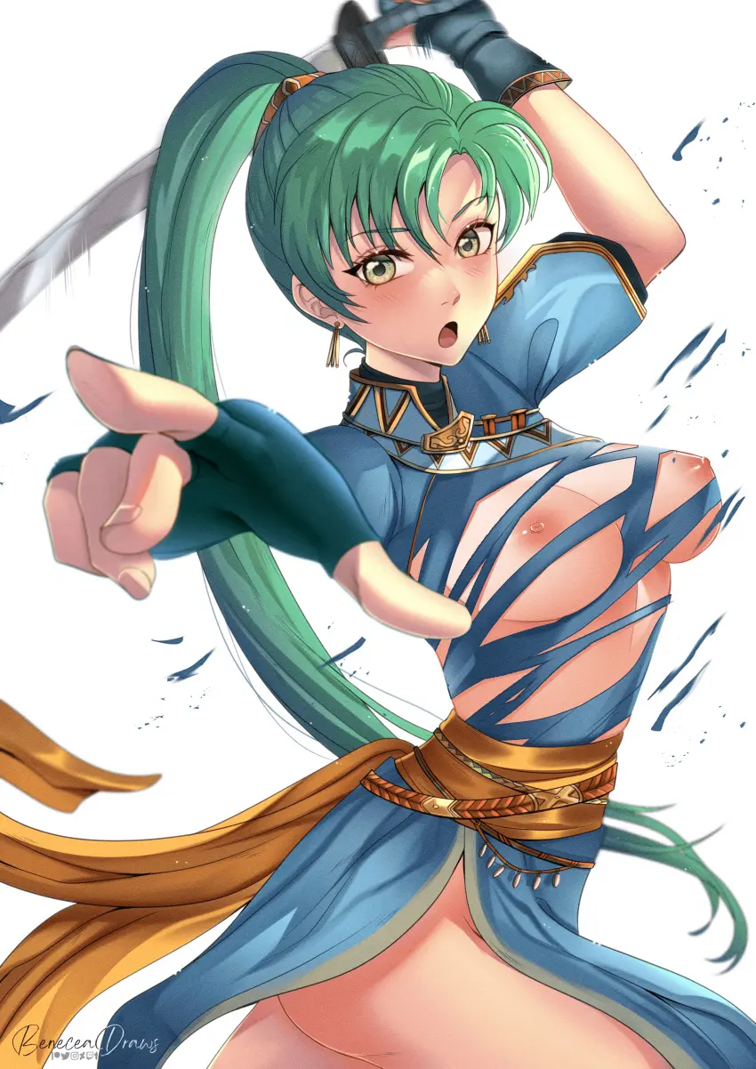 Image 1girls,breasts,breasts_out,exposed_breasts,female,female_only,long_hair,looking_at_viewer,nipples,open_mouth,solo,very_long_hair,white_background,gloves,ass,big_ass,earrings,thighs,ponytail,bare_thighs,green_eyes,medium_breasts,nintendo,green_hair,short_sleeves,fire_emblem,fingerless_gloves,torn_clothes,weapon,sword,reaching_out,reaching_towards_viewer,pointing,pelvic_curtain,pointing_at_viewer,lyn_(fire_emblem),fire_emblem:_the_blazing_blade,pixie_(pixieinktvis)