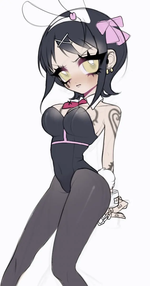 Image big_breasts,blush,breasts,female,female_only,looking_at_viewer,solo,black_hair,short_hair,yellow_eyes,one_piece,tattoo,hair_ribbon,bunny_ears,bunny_girl,detached_collar,restrained,arm_tattoo,chest_tattoo,shoulder_tattoo,frown,bunny_tail,bunnysuit,playboy_bunny,necktie,pantyhose,rule_63,shackles,arms_behind_back,genderswap_(mtf),genderswap,harness,tattoos,handcuffs,canon_genderswap,rabbit_hole_(vocaloid),trafalgar_law,trafalgar_law_(female),dearslilith,hatsune_miku_(cosplay)