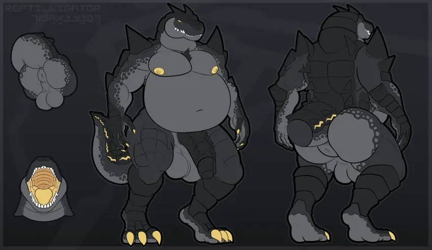 Image hi_res,nipples,open_mouth,male,penis,tail,ass,big_butt,big_penis,feet,male_only,belly,big_belly,digital_media_(artwork),balls,anthro,text,anus,mythology,absurd_res,genitals,grey_body,black_body,english_text,5_fingers,reptile,scales,scalie,fingers,toes,hybrid,mythological_creature,dragon,mythological_scalie,spikes,overweight,overweight_male,puffy_anus,3_toes,penile_spines,crocodilian,big_tail,yellow_nipples,spines,alligatorid,alligator,danzer_(reptilligator),hebrew_text,reptilligator