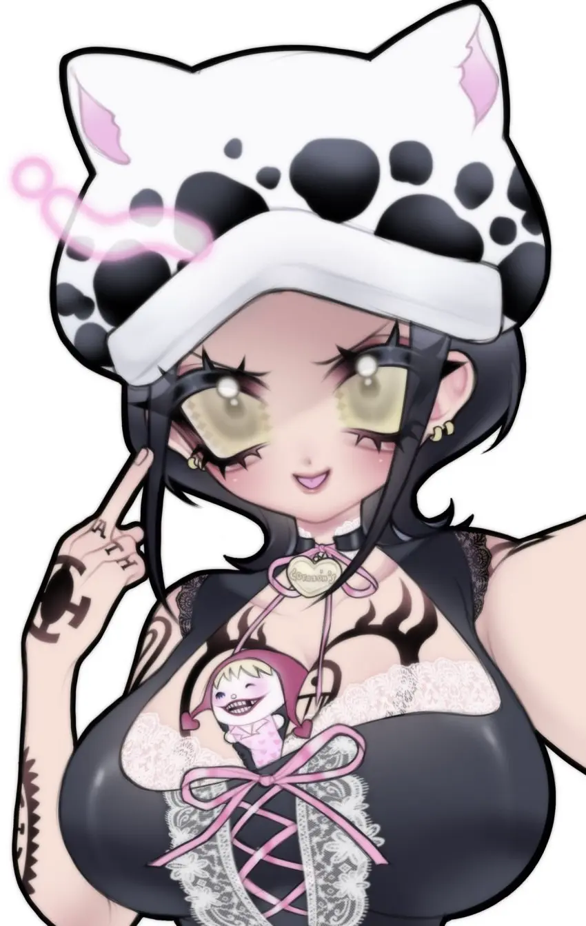 Image big_breasts,breasts,female,female_only,looking_at_viewer,smile,black_hair,short_hair,yellow_eyes,earrings,hat,one_piece,cat_ears,cleavage,tattoo,collar,upper_body,selfie,arm_tattoo,chest_tattoo,hand_tattoo,shoulder_tattoo,middle_finger,object_between_breasts,rule_63,plushie,neck_ribbon,genderswap_(mtf),genderswap,tattoos,flipping_off,lace,canon_genderswap,donquixote_rosinante,trafalgar_law,trafalgar_law_(female),dearslilith
