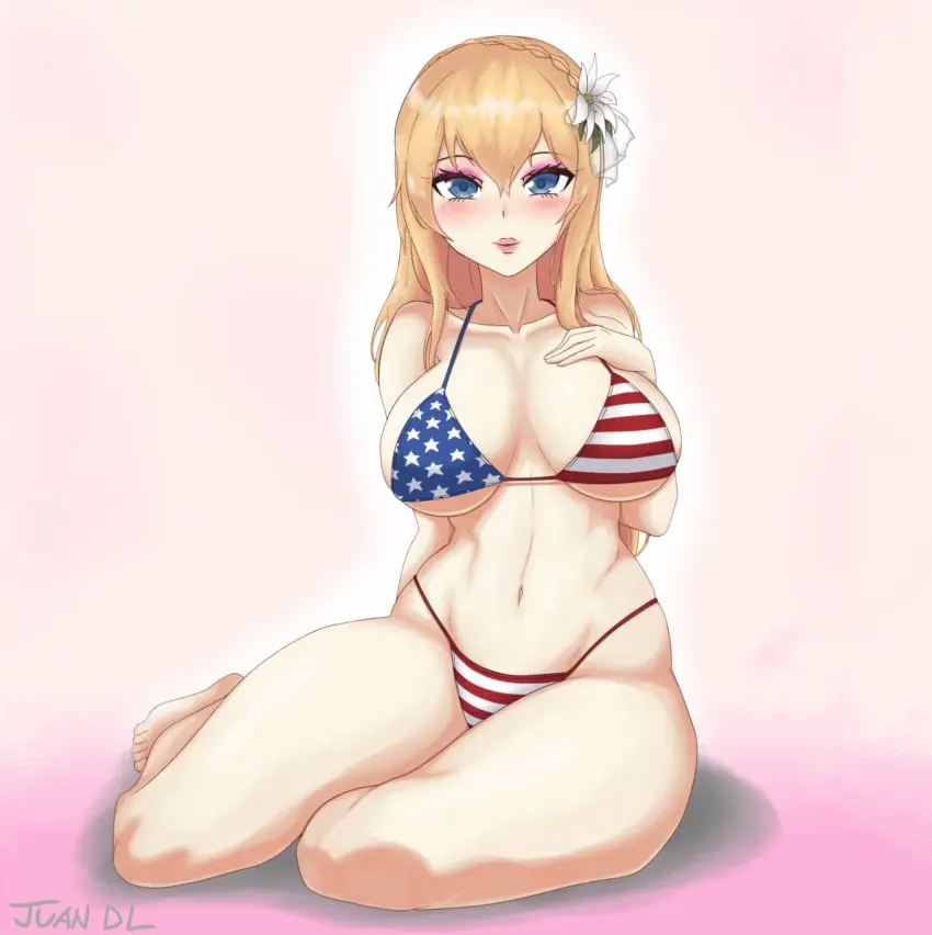 Image 1girls,female,female_only,light-skinned_female,light_skin,looking_at_viewer,smile,blue_eyes,bikini,smiling,smiling_at_viewer,flower_in_hair,blonde_hair,bimbo,makeup,girls'_frontline,mosin-nagant_(girls'_frontline),american_flag_bikini,crown_braid,bimbofication,juan_de_lata