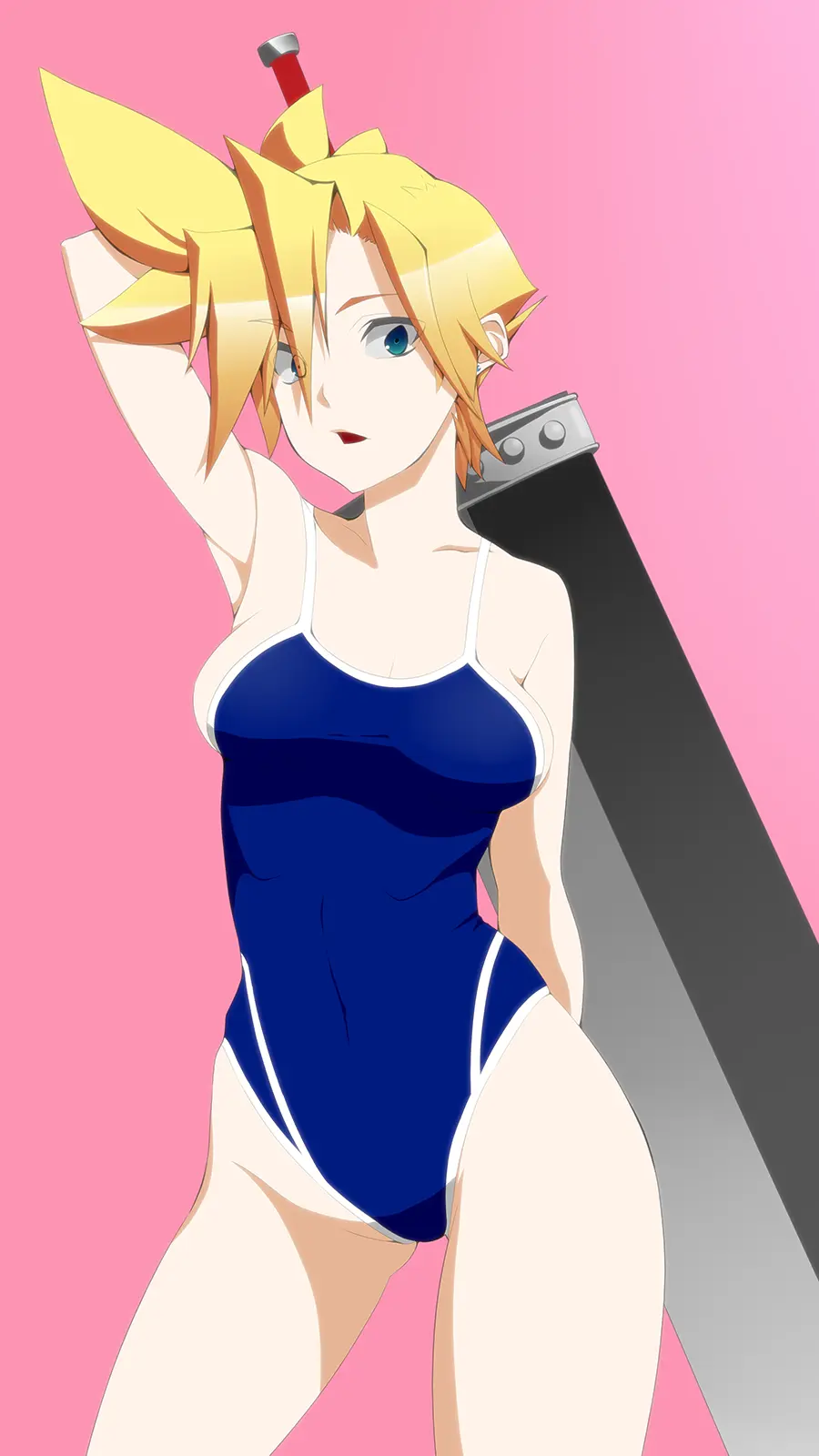 Image 1girls,breasts,female,large_breasts,looking_at_viewer,blue_eyes,short_hair,earrings,blonde_hair,swimsuit,final_fantasy,final_fantasy_vii,blue_swimsuit,holding_weapon,weapon,blue_one-piece_swimsuit,rule_63,cloud_strife,sword,genderswap_(mtf),genderswap,holding_sword,competition_swimsuit,one_piece_swimsuit,buster_sword,cloudette_strife,asurin