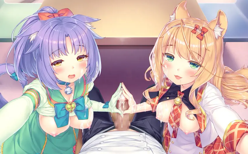 Image bow,breasts,female,large_breasts,looking_at_viewer,cum,cum_drip,cum_on_face,gloves,catgirl,pink_nipples,cum_on_breasts,censored,smug,handjob,collar,cum_on_body,cum_on_hair,tie,bell,cum_on_hand,gloved_handjob,nekopara,sayori,cinnamon_(sayori),maple_(sayori)