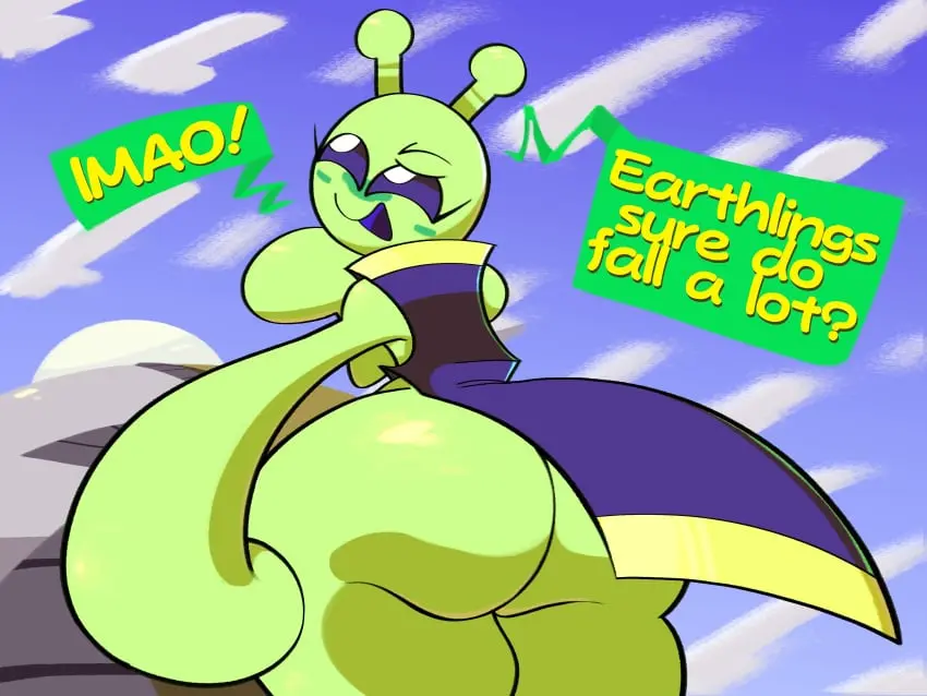 Image 1girls,female,ass,big_ass,thick_thighs,sky,text,voluptuous_female,original,original_character,dialogue,oc,back_view,alien,alien_girl,wide_ass,chinese_clothes,shiny_ass,antennae,ass_peek,lunabella_(mschaox6),mschaox6,kumo_ken
