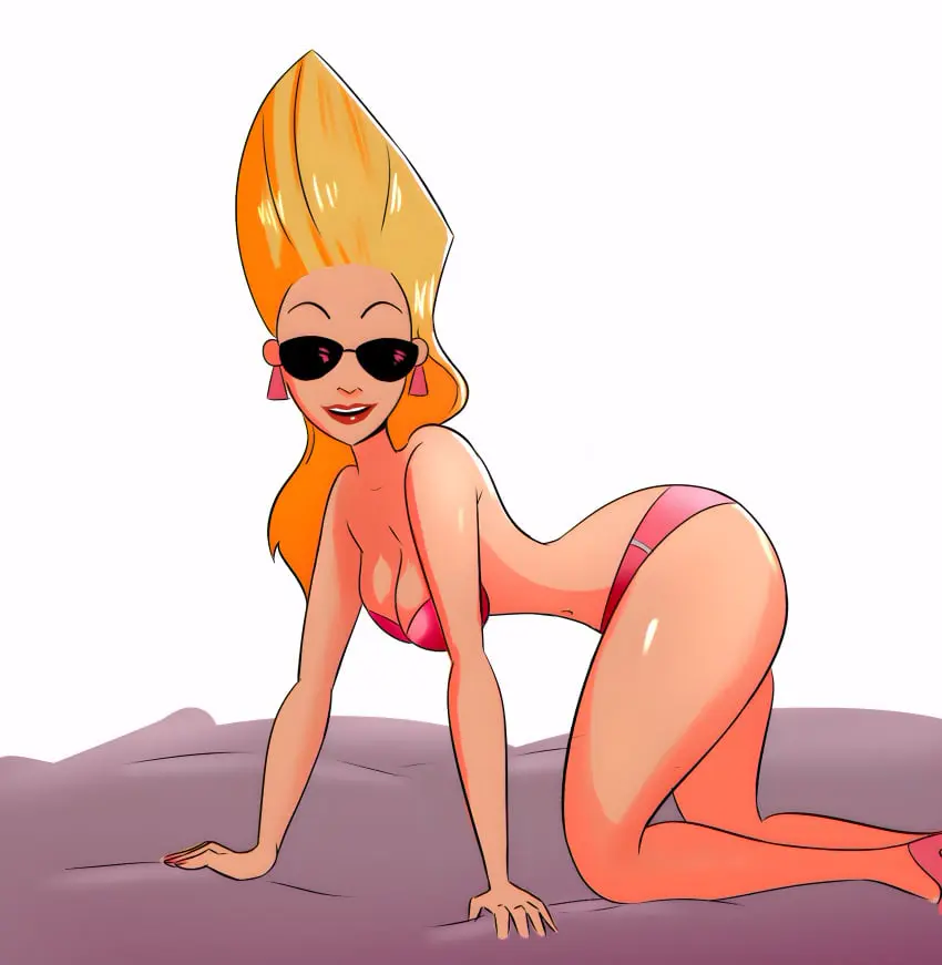 Image 1girls,female,ass,smiling_at_viewer,color,blonde_hair,swimsuit,lipstick,blonde_female,sunglasses,rule_63,tinted_eyewear,cartoon_network,gender_transformation,genderswap_(mtf),genderswap,jenny_bravo,johnny_bravo_(series),sunbathing,themightfenek