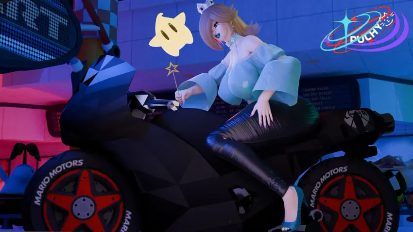 Image female,female_only,blonde_hair,mario_(series),high_heels,princess_rosalina,motorcycle,mario_kart,pianta,luma
