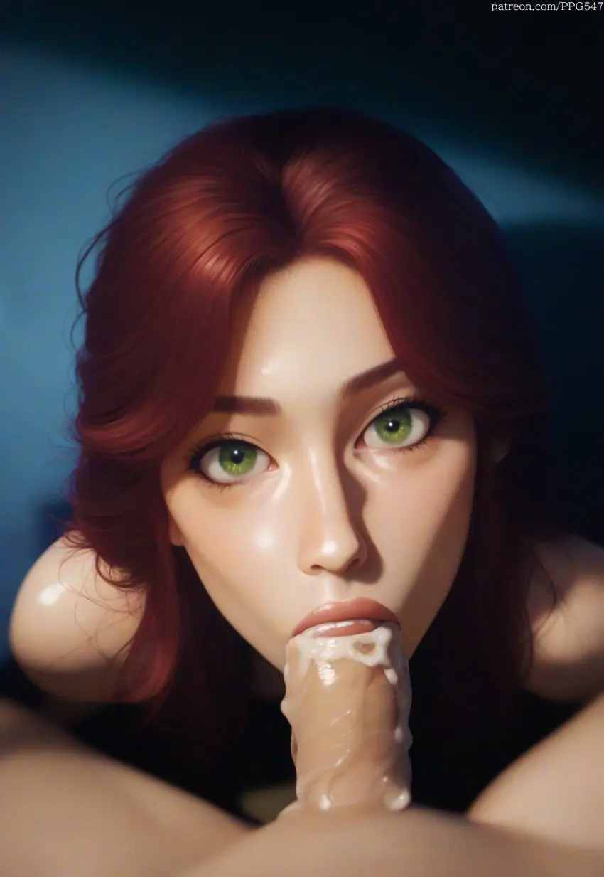 Image female,looking_at_viewer,oral,penis,red_hair,fellatio,ai_generated,green_eyes,nai_diffusion,pujopg,small_penis,pov,realistic,teen_titans,starfire,face_focus