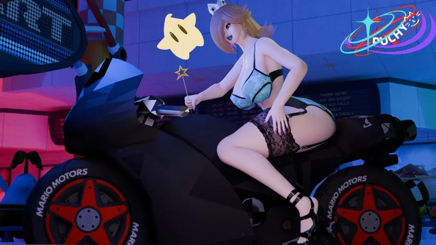 Image female,female_only,big_ass,lingerie,blonde_hair,mario_(series),high_heels,princess_rosalina,motorcycle,mario_kart,pianta,luma