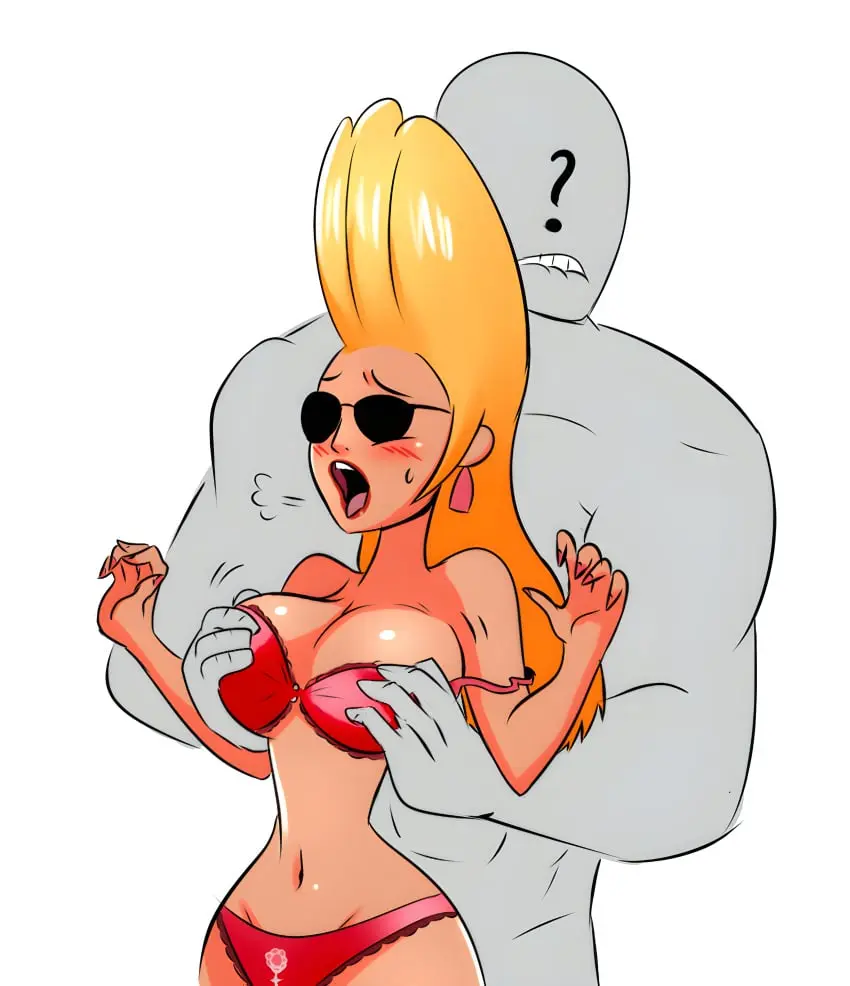 Image blush,female,boobs,color,blonde_hair,swimsuit,grabbing_from_behind,lipstick,blonde_female,sunglasses,rule_63,tinted_eyewear,cartoon_network,gender_transformation,hand_on_breast,genderswap_(mtf),genderswap,touching_breast,jenny_bravo,johnny_bravo_(series),sunbathing,themightfenek