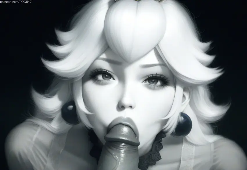 Image female,looking_at_viewer,bangs,oral,sidelocks,earrings,fellatio,ai_generated,dress,nai_diffusion,pujopg,torogao,mario_(series),pov,black_and_white,princess_peach,face_focus