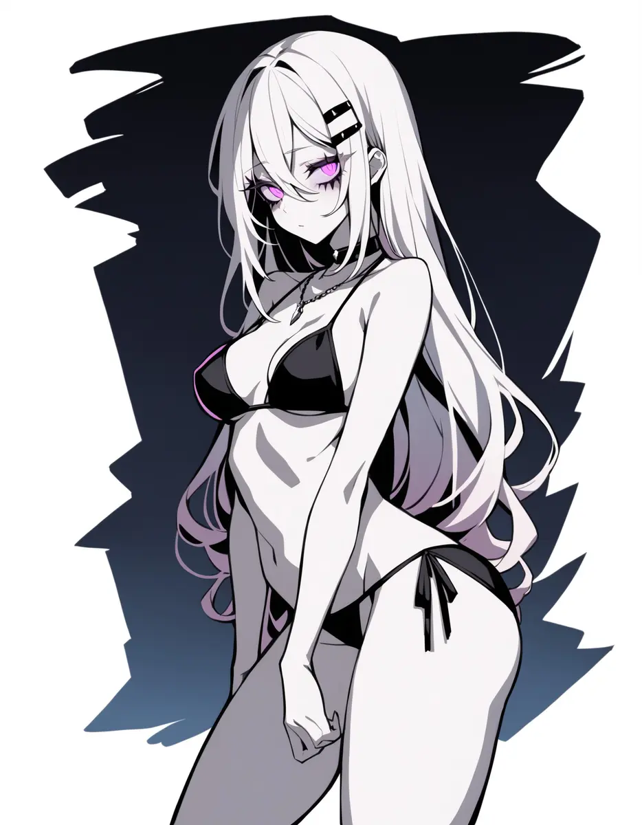 Image 1girls,big_breasts,breasts,female,looking_at_viewer,simple_background,white_hair,choker,bikini,seductive,seductive_look,thick_thighs,white_skin,shy,ai_generated,cleavage,jewelry,thick_ass,hairclip,pale-skinned_female,purple_eyes,necklace,hourglass_figure,black_bikini,thong,swimwear,goth,thong_bikini,long_nails,gothic,poizie,synthetic_poison,sexy_pose,h