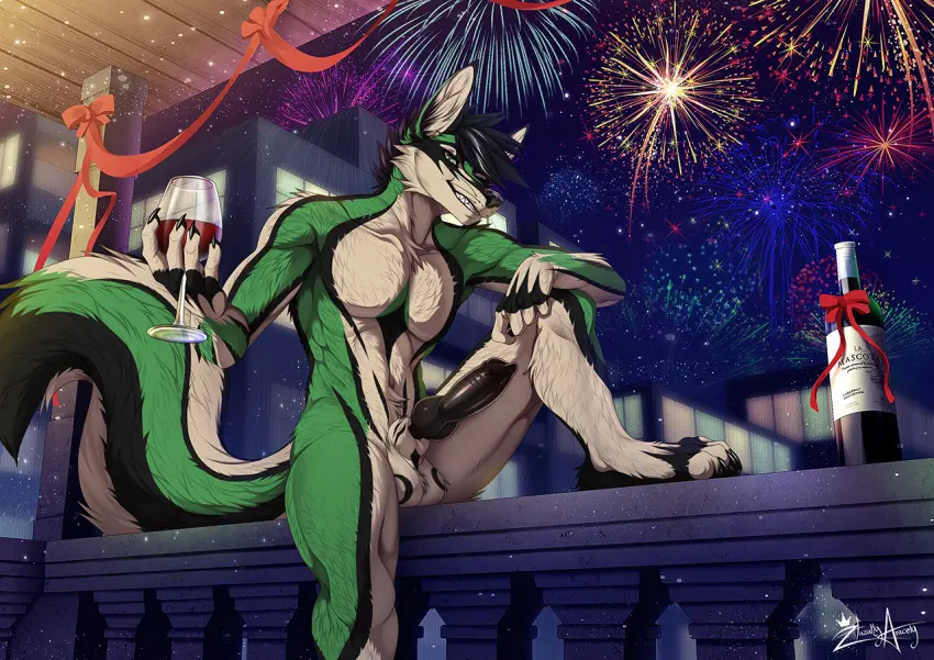 Image looking_at_viewer,smile,solo,black_hair,male,nude,penis,tail,erection,athletic,athletic_male,muscular,teeth,balls,hair,anthro,tan_body,night,canid,canine,fur,genitals,mammal,black_body,biped,green_body,outside,animal_genitalia,animal_penis,canine_genitalia,canine_penis,fox,knot,sheath,holidays,tan_fur,nails,black_fur,beverage,container,cup,athletic_anthro,fireworks,green_fur,alcohol,wine,glass,glass_container,glass_cup,drinking_glass,champagne,hazakyaracely,kilobytefox