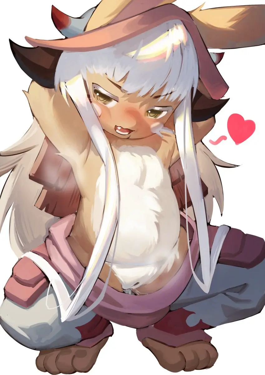 Image blush,female,highres,long_hair,open_mouth,pants,simple_background,solo,white_background,white_hair,absurdres,animal_ears,pussy,furry,arms_up,furry_female,spread_legs,pussy_juice,squatting,heart,body_fur,brown_fur,cleft_of_venus,clothes_pull,pants_pull,made_in_abyss,nanachi,narehate,tan_liao