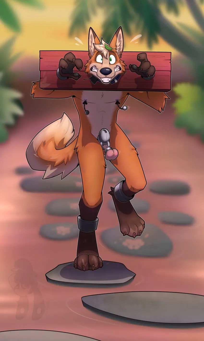 Image hi_res,nipples,solo,male,nude,sweat,tail,feet,watermark,sky,male_only,belly,teeth,balls,hair,anthro,green_eyes,absurd_res,sweatdrop,clenched_teeth,humiliation,collar,bodily_fluids,canid,canine,fur,genitals,mammal,claws,paws,toe_claws,chastity_cage,orange_body,black_nose,bondage,surprised_expression,outside,tree,solo_male,wide_eyed,4_fingers,fingers,front_view,toes,fluffy,fluffy_tail,fox,plant,orange_fur,walking,bound,restraints,rock,pawpads,digitigrade,true_fox,4_toes,cuff_(restraint),shackles,red_fox,full-length_portrait,portrait,chastity_device,blurred_background,outdoor_nudity,metal_cuffs,dipstick_ears,multicolored_ears,leaf,palm_tree,shrub,nipple_clamp,chastity_cage_only,chastity_device_only,red_balls,tan_belly,metal_chastity_cage,ankle_cuffs,orange_sky,tan_hair,dusk,surprised_face,ball_stretcher,challenge,dirt,sheath_cage,ear_markings,brown_ear_tips,brown_arms,brown_legs,stone_path,tracking_collar,stock,yiffy1234