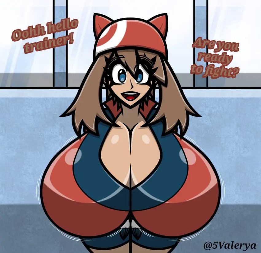 Image big_breasts,breasts,female,blue_eyes,pokemon,hyper_breasts,brown_hair,dialogue,fully_clothed,hyper,may_(pokemon),multifaker5,valerya5